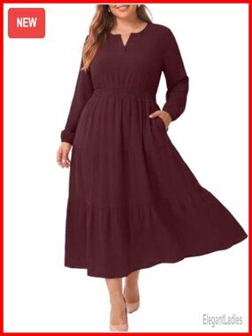 Plus Size Fall Maxi Dress Long Sleeve Smocked Waist Pockets
